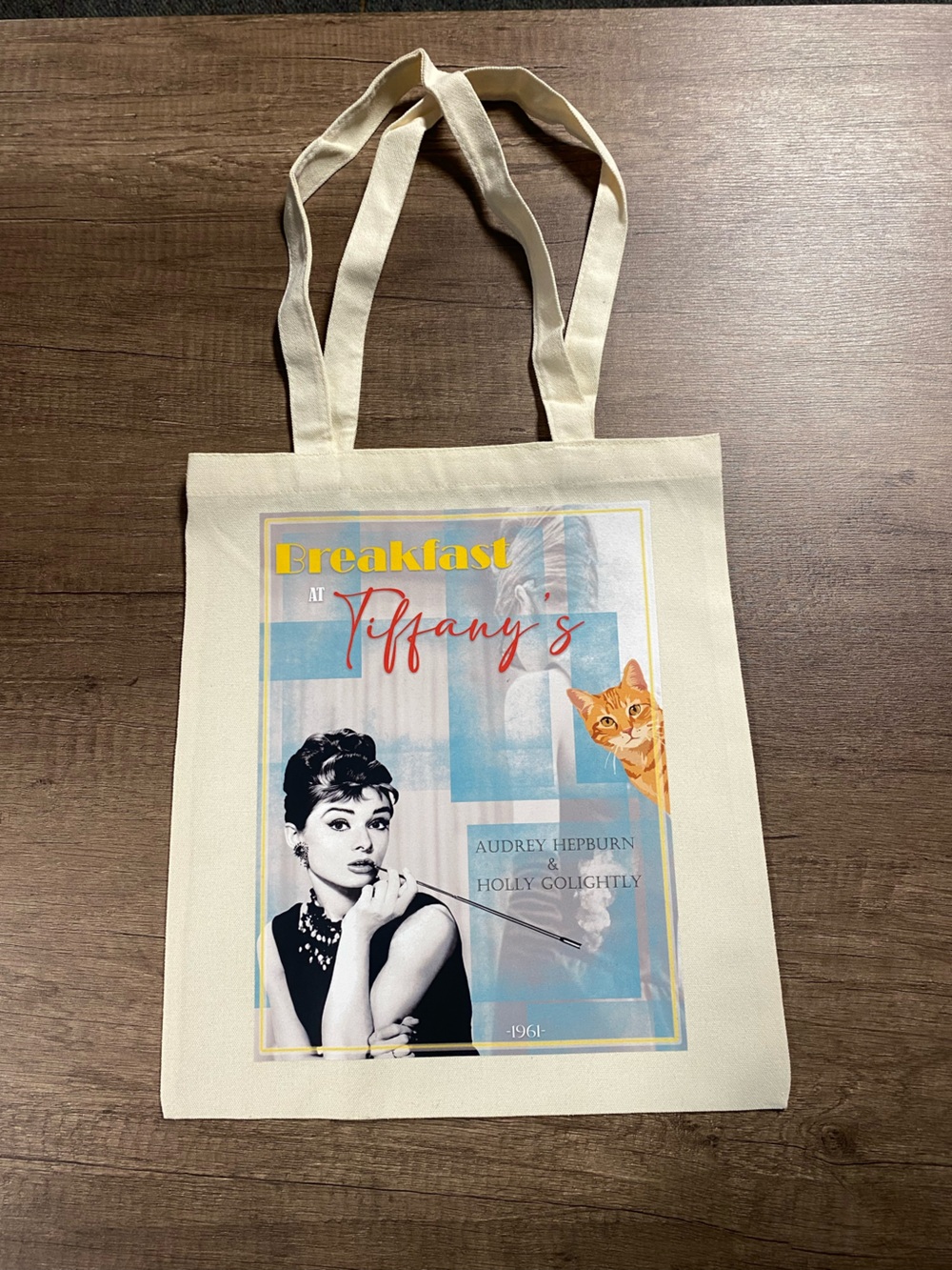 Cream Canvas Tote Bag with Audrey Hepburn Breakfast at Tiffany's Print